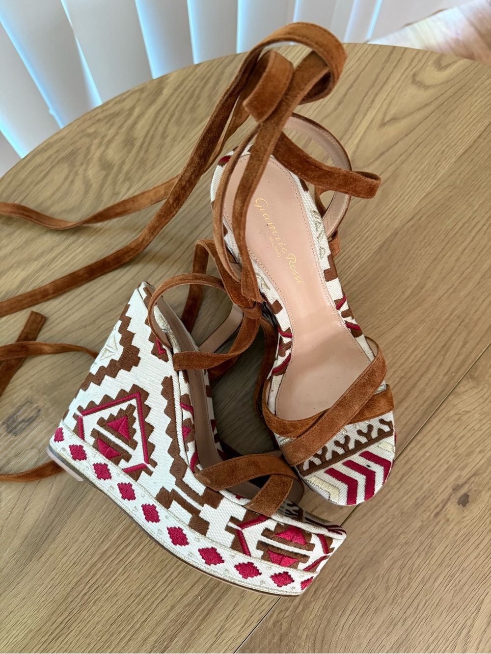 Gianvito Rossi Cheyenne Suede embroidered wedges, neutral brown suede wedges - Picture 2 of 5